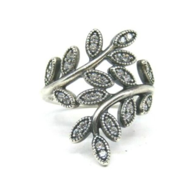 PANDORA 925 STERLING SILVER SHIMMERING LEAVES RING WITH CZ (56) - Picture 2 of 3
